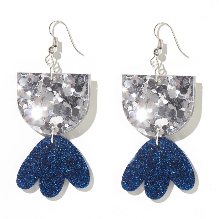 EMELDO BAMBI EARRINGS CHUNKY SILVER GLITTER w NAVY GLITTER